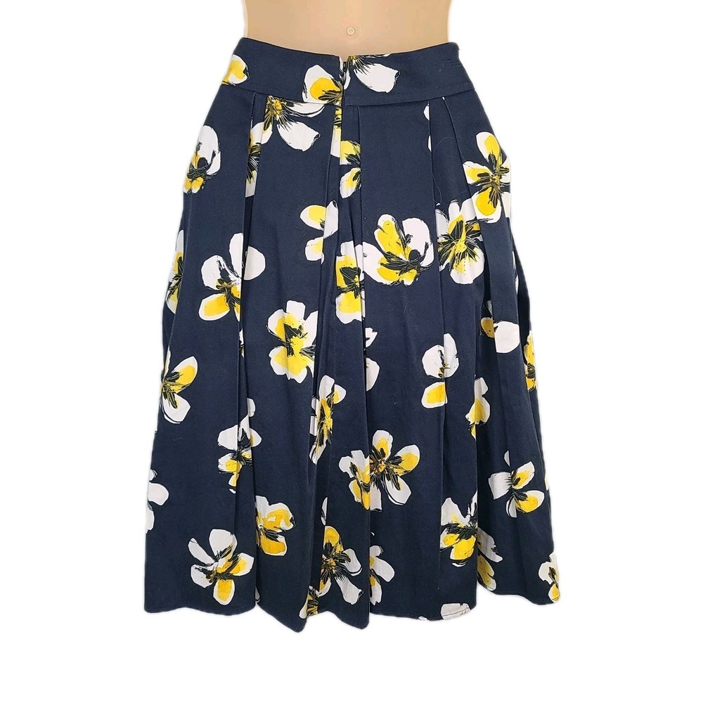 Anne Fontaine A-Line Pleated Skirt‎ Cotton  Floral Navy Yellow 36 EU 0-2 US Work - Picture 4 of 10